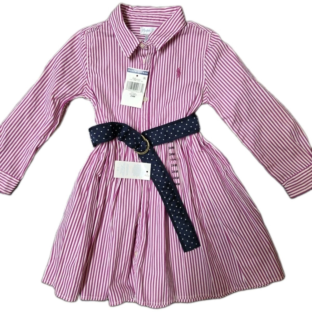Ralph Lauren Toddler Red White Striped 2 Piece Collared Dress Belt Size 24M NWT